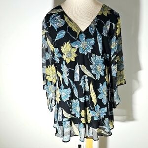 Signature Womens 3X Floral V-Neck Women's Top - Black and Blue Flowie